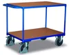 A two-tiered industrial cart with a blue metal frame and brown wooden shelves, shown against a white background. Produktbild-Vorschau