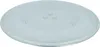 A clear, overhead shot of a round, transparent glass microwave turntable plate with three small indentations on the underside for a rotating mechanism. Produktbild-Vorschau