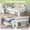 A collage of images showcasing a white youth bed with integrated storage and shelving, presented in a room setting and close-up views. Podgląd zdjęcia produktu
