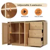 A light wood cabinet with open doors and drawers, featuring text and icons highlighting product features. Podgląd zdjęcia produktu