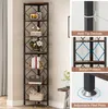 A tall, narrow corner shelf unit displaying various decorative items, with inset images highlighting product features. Podgląd zdjęcia produktu