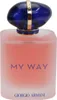 A perfume bottle with a pink liquid and a blue cap. Voir les images du produit