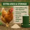 A chicken stands next to a pile of powder and a green chicken feeder, with text overlay about uses and storage. Produktbild-Vorschau