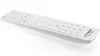 A white remote control is shown from a side angle on a white background. Produktbild-Vorschau