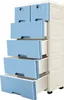 A plastic chest of drawers with blue drawers and beige sides, shown with some drawers open. Voir les images du produit