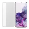 A white flip case for a Samsung Galaxy S20 Plus is shown open, revealing the phone's screen with a colorful wallpaper. Podgląd zdjęcia produktu