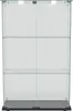 A front view of a clear glass display cabinet with a black base and three shelves. The cabinet has double doors and is illuminated by two lights at the top. Produktbild-Vorschau