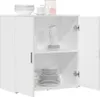 A white cabinet with its doors open, showing stacked dishes and cups on shelves. Produktbild-Vorschau