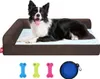 A dog bed with a dog on it, and three dog toys and a collapsible bowl below. Náhled obrázku produktu