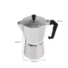 A silver moka pot with a black handle, with measurement lines indicating its dimensions. Produktbild-Vorschau