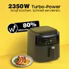 A black air fryer is shown next to a plate of sausages and potatoes, with marketing text and a graphic overlay. Anteprima dell’immagine prodotto