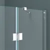 A close-up view of a shower enclosure's corner, showing the glass panels, hinges, and a support bracket. Produktbild-Vorschau