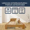 A wooden bed frame with an open slatted base, showcasing its storage function and features. Produktbild-Vorschau