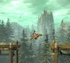 A character rides a creature through a forest with a large, spiky structure in the background. Produktbild-Vorschau