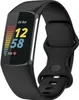 A black Fitbit Charge 5 fitness tracker with a black silicone band is shown against a white background. The screen displays the date, time, and heart rate. Produktbild-Vorschau