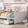 A white children's bed with a drawer underneath, featuring a pink pillow with a white cat illustration and a green blanket. Voir les images du produit