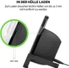 A black wireless charging stand with a smartphone placed on it, showing a close-up of the phone case thickness. Produktbild-Vorschau