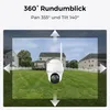 A security camera is shown in a backyard setting, with arrows indicating its 360-degree viewing capability. Produktbild-Vorschau