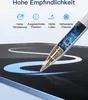 A stylus pen is shown in detail, with its internal circuitry visible, hovering over a tablet screen where a blue line is being drawn. Produktbild-Vorschau
