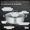 A stainless steel pot with a glass lid, featuring callouts describing its features. Náhled obrázku produktu