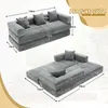 Two views of a gray sofa with dimensions indicated by measurement lines and text. Produktbild-Vorschau
