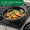 A frying pan with food is placed on a stovetop. Produktbild-Vorschau