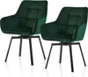 Two green velvet dining chairs with black metal legs against a white background. Voir les images du produit