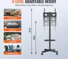 A TV stand with wheels is shown with different room settings and height measurements. Produktbild-Vorschau