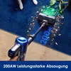 A cordless vacuum cleaner is shown cleaning a blue carpet with scattered debris. The vacuum has a blue and black design. The word '200AW' is illuminated on the carpet. Produktbild-Vorschau