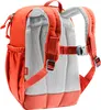The back view of a small orange backpack with gray mesh padding and red straps. Voir les images du produit