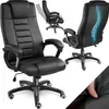 A collage of images showing a black office chair from different angles, including a close-up of the material and a graphic highlighting the ergonomic design.