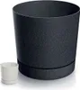 A large black speckled plant pot with a matching saucer, and a smaller white speckled plant pot with a saucer in front of it. Náhľad obrázku produktu