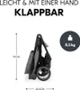 A folded-up stroller is shown with dimensions and weight information. Produktbild-Vorschau