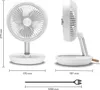 A collage of images showing a white desk fan from different angles with dimensions indicated. Produktbild-Vorschau