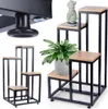 A collage of images showing a multi-tiered plant stand with wooden shelves and a black metal frame, including a close-up of the adjustable foot. Náhľad obrázku produktu