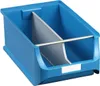 A blue storage bin with a gray divider and a silver metal bar. Produktbild-Vorschau