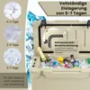 A cooler box filled with drinks and ice, with diagrams showing ice retention times. Náhľad obrázku produktu