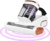 A white and copper handheld vacuum cleaner with a transparent dustbin, shown against a white background with purple light effects emanating from the bottom. Produktbild-Vorschau
