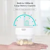 A hand holding a mini food chopper with a graphic overlay showing battery capacity and charging time. Náhľad obrázku produktu