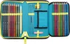 An open pencil case filled with colored pencils, a ruler, and other stationery items. Voir les images du produit
