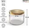 A clear product shot of a glass jar with a gold lid, featuring informational icons and text on the left side and dimensions on the right. Voir les images du produit