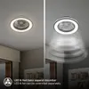 A split image showing a ceiling fan with LED lights on a ceiling. The left side shows the fan and light off, while the right side shows the light on and the fan creating a visible airflow pattern. Produktbild-Vorschau