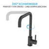 A black kitchen faucet shown in a studio setting with text overlays indicating its features. Produktbild-Vorschau