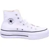 A white Converse Chuck Taylor All Star high-top sneaker with a platform sole is shown against a white background. Voir les images du produit
