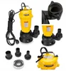 A collage of images showing a yellow submersible pump and its accessories. Podgląd zdjęcia produktu