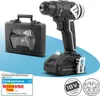 A cordless drill and its case are displayed against a light blue background, with product information and feature badges. Produktbild-Vorschau