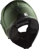 The image shows the inside and back of a green modular helmet. Voir les images du produit