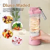 A hand holding a pink portable blender with ingredients shown in circular insets. Produktbild-Vorschau