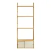 A tall, narrow wooden shelf unit with three open shelves and a cabinet at the bottom with two sliding doors. Voir les images du produit