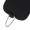 A close-up of a black neoprene phone case with a silver carabiner clip attached. Produktbild-Vorschau